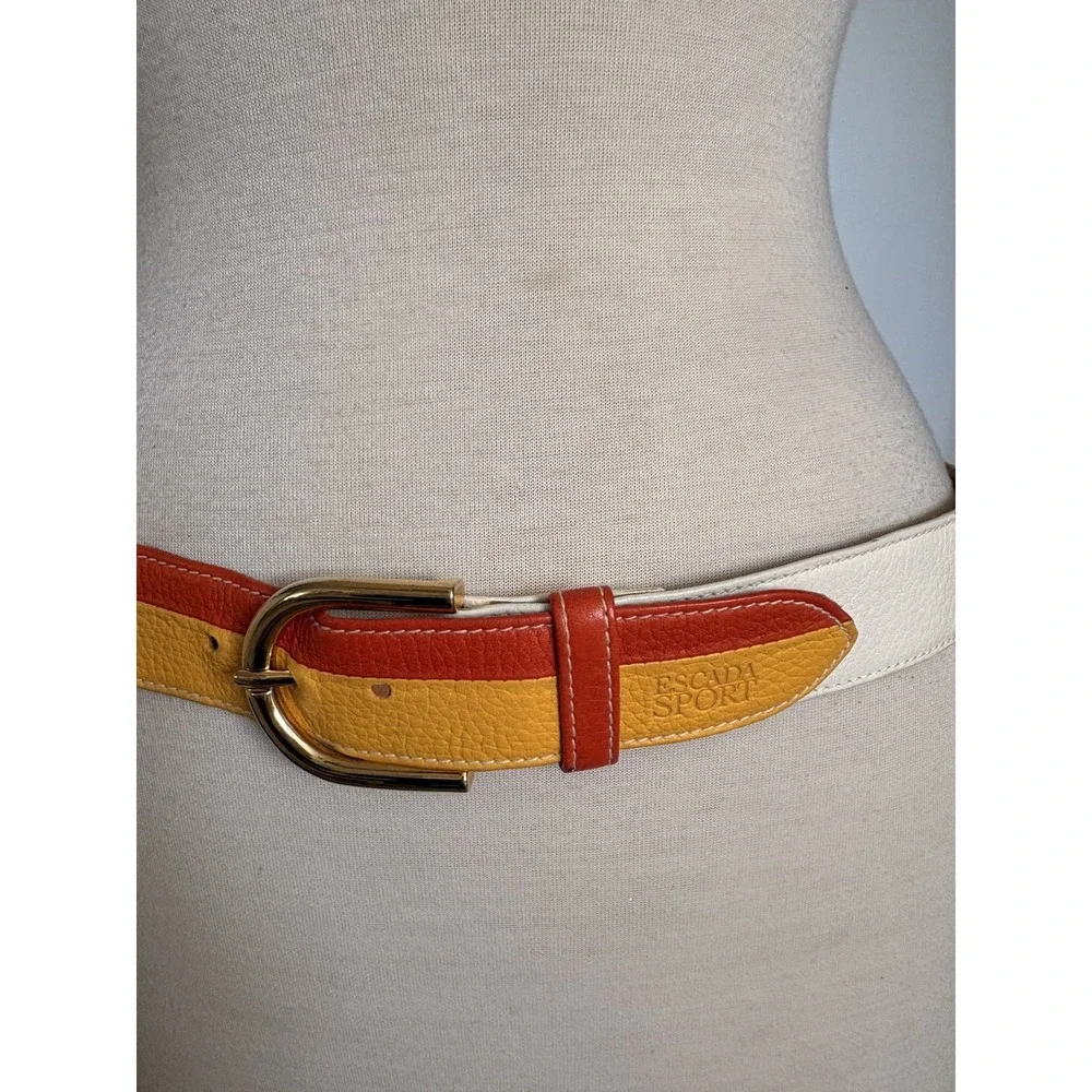 Vintage Rare Escada Sport Gold Buckle leather belt yellow Orange White Italy 44